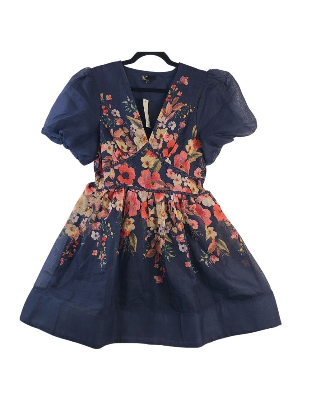 NEW Friends Like These Floral Puff Sleeve Navy Mini Dress V-Neck Sz 12